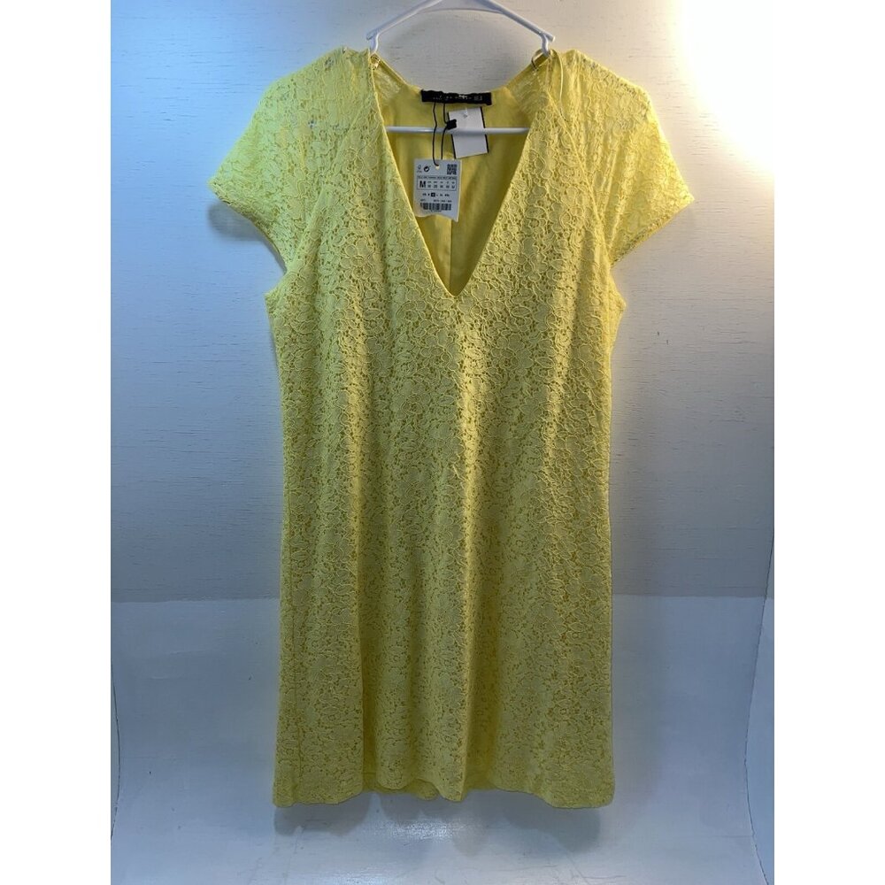 ZARA yellow lace v-neck short sleeve a-line mini dress womens M